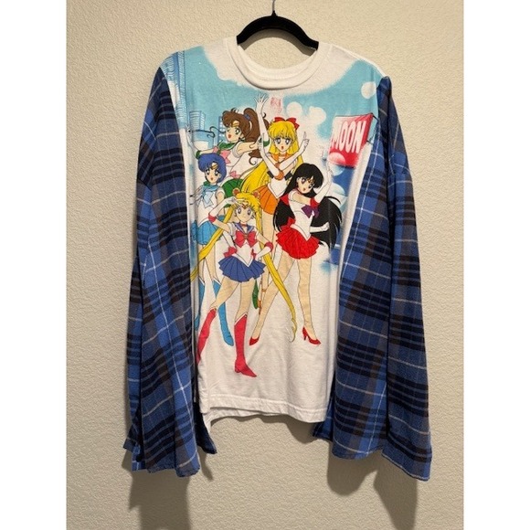 OOAK Sailor Moon Long Sleeve Upcycled Flannel T-Shirt Women's Anime Free size - Picture 1 of 5